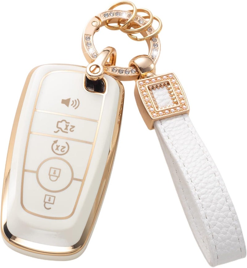 CACARLIKE for Ford Key Fob Cover with Leather Lanyard, Car Key Fob Case Compatible with Ford Edge Escape Expedition Explorer Fusion Mustang Ranger F-150 F-250 Smart Key Protector Holder - Image 1